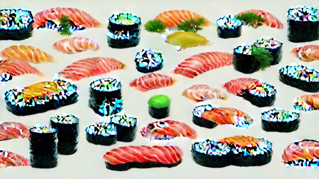 Image similar to a selection of single sushi platters, several items in an array, japan, a collage painting, in the style of wes anderson, lola dupre, david hockney, isolated on negative white space background dark monochrome neon spraypaint accents volumetric octane render