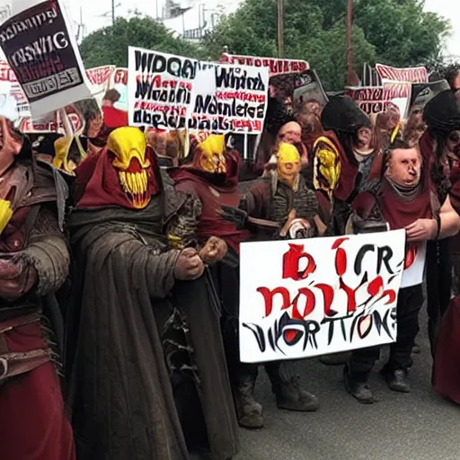 Image similar to Orcs protesting the working conditions in the Mordor McDonalds