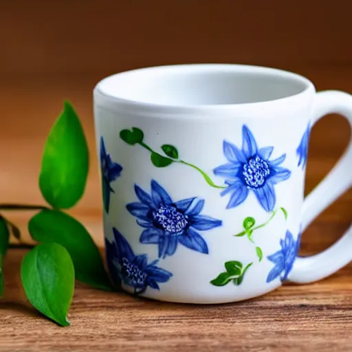 Image similar to clay mug on a white table surrounded by elegant blue and white flowers and green leaves, bright white realistic, up close shot, white background, zen, light, modern minimalist, clean f 2 0