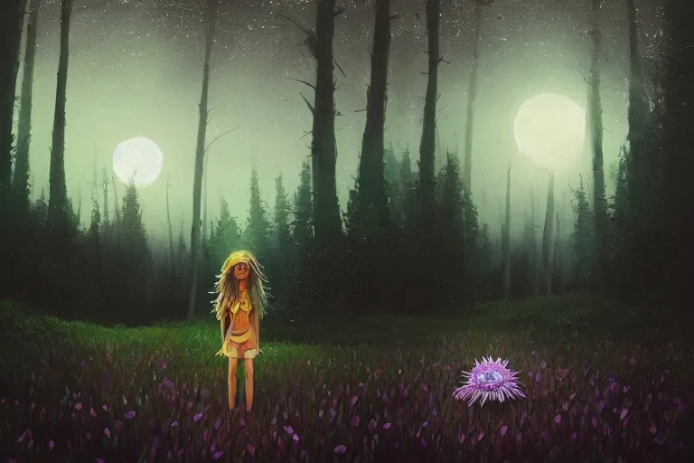 Prompt: giant daisy flower as face, girl standing in forest, surreal photography, dark night, stars, moon light, impressionist painting, clouds, digital painting, artstation, simon stalenhag