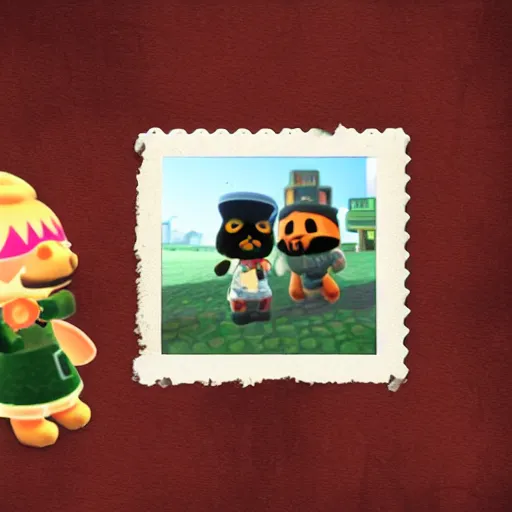 Image similar to doom guy and isabelle from animal crossing going on a date, polaroid photograph reel