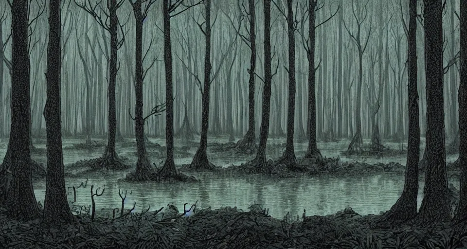 Prompt: A dense and dark enchanted forest with a swamp, by David Eichenberg