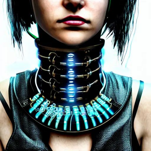 Image similar to detailed realistic cyberpunk female character cyberpunk wearing steel collar around neck, realistic, art, beautiful, 4K, collar, choker, collar around neck, punk, artstation, detailed, female, woman, choker, cyberpunk, neon, punk, collar, choker, collar around neck, thick collar, choker around neck, wearing choker, wearing collar, bright neon punk hair,