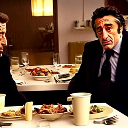 Image similar to movie still of the dinner scene in Heat, rendering of al pacino and robert de niro as old men, cinematic,