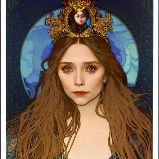 Image similar to elizabeth olsen portrait by louis - theophile hingre and alphonse mucha, realistic, sharp focus, zodiac signs, tarot cards, planets, ethereal, art nouveau, magic, moon, sun, crown, dreamy, royal, jewellery