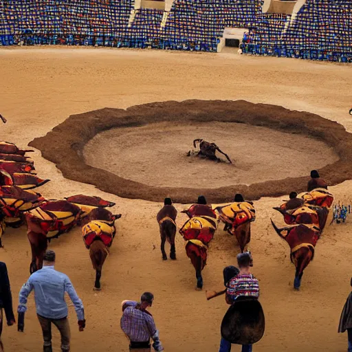 Image similar to by neil welliver, by martin deschambault navajo bleak. a photograph of a bullfight in spain. the photograph is set in an arena with spectators in the stands. several figures in the photograph, including a matador & a bull.