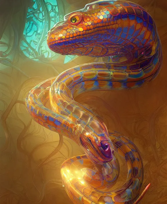 Image similar to intricate colorful transparent portrait of a terrifying beautiful alien snake creature, mottling coloring, adorable, childlike, medical equipment hospital environment, ultra realistic, concept art, art nouveau, photorealistic, octane render, 8 k, unreal engine. art by christopher marley and artgerm and greg rutkowski and alphonse mucha