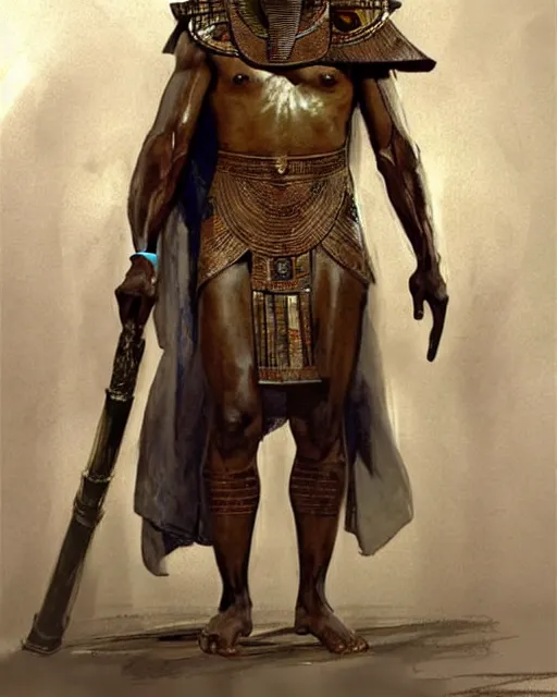 Image similar to concept art by anders zorn and craig mullins depicting djimon hounsou as a tall and very lean temple guard dressed in ancient egyptian decorative armor and flowing robes