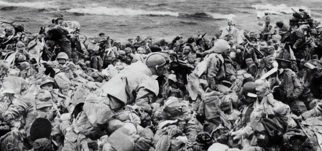 Image similar to the pope storming omaha beach during ww ii