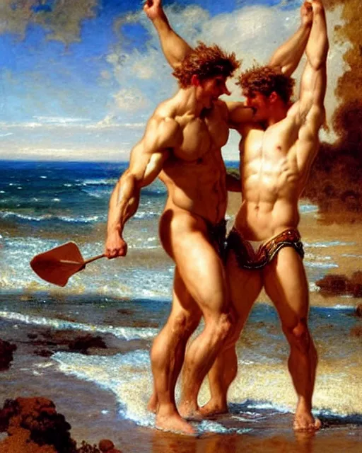 Image similar to muscular god neptune and muscular poseidon frolicking on the shore, painting by gaston bussiere, craig mullins, j. c. leyendecker,