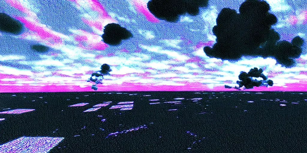 Prompt: vaporwave combat drone strike war footage, ir, chromatic aberration!!!!!!!!!!!, broken camera colors, iridescent!!!!!!!!! saturated infrared camera, very high contrast, nuclear cloud, high angle vertical, inversed color, clouds, jpeg compression