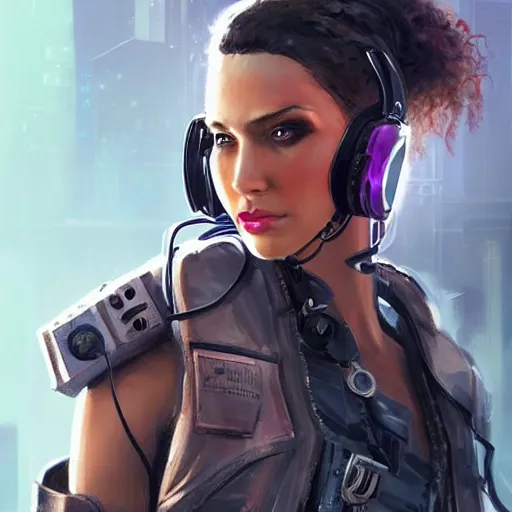 Image similar to Beautiful Sophia. gorgeous female cyberpunk mercenary wearing a cyberpunk headset, military vest, and jumpsuit. Gorgeous face. Concept art by Sherree Valintine Daines and James Gurney. Industrial setting. ArtstationHQ. Creative character design for cyberpunk 2077.