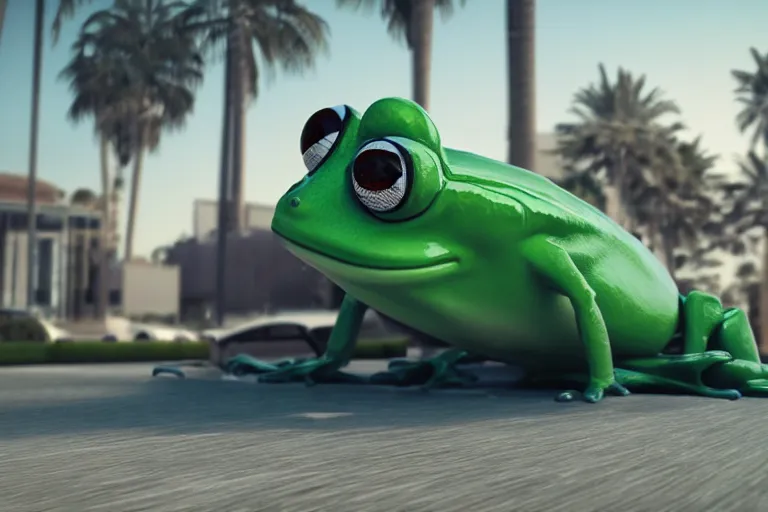 Image similar to frog wearing a suit driving a car in the front seat, palm trees, 3 d render, octane render, unreal engine, hyper detailed