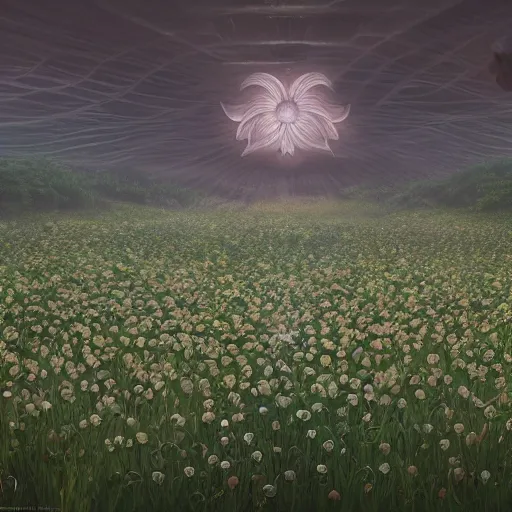 Image similar to a beautiful and detailed picture of a field of black lotus flowers with petals in a fibonacci sequence, in the style of magic the gathering, highly detailed, digital painting, god rays, volumetric lighting, octane render, 4 k resolution, art by artgerm and greg rutkowski and alphonse mucha, masterpiece