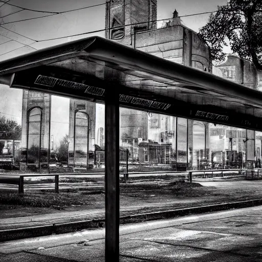 Image similar to dark city bus stop, urbex photography, very detailed,ArtStation