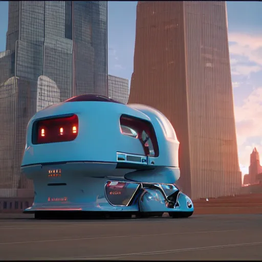 Prompt: a promotional movie still of a futuristic food truck. the truck is hovering high in the air next to a tall impressive looking building. fifth element ( 1 9 9 7 ), unreal engine 5, octane 3 d, render, imax 7 0 mm