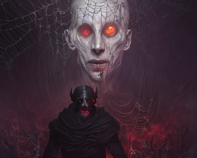 Prompt: a 4 k cinematic screenshot still portrait of a ghoul in a dark liminal space room surrounded by spider webs, deep focus, d & d, fantasy, intricate, elegant, highly detailed, digital painting, art station, concept art, matte, sharp focus, illustration, dark fantasy style art, hearthstone, art by artgerm and greg rutkowski and alphonse mucha