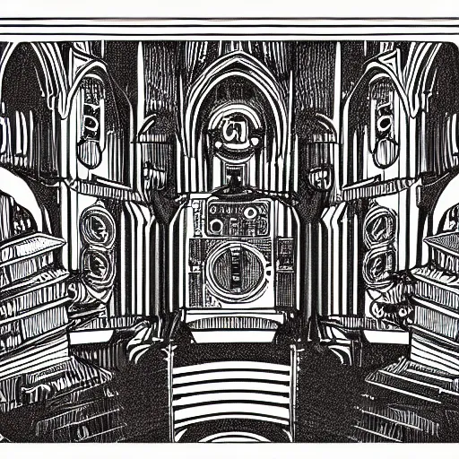 Prompt: detailed intricate comic style illustration of a robotic hydra with jack connectors for heads, inside a cathedral made from pro audio equipment