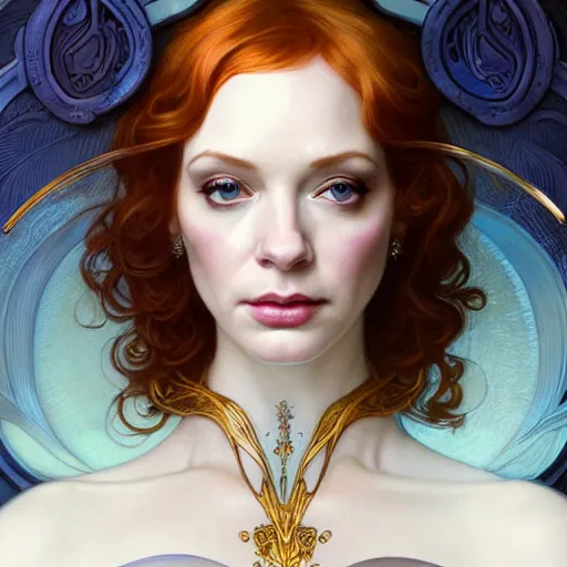 Image similar to christina hendricks wearing a white periwinkle, sci fi, glowing eyes, volumetric lights, gold theme, art nouveau botanicals, intricate, highly detailed, digital painting, artstation, concept art, smooth, sharp focus, cinematic, illustration, beautiful face, art by artgerm and greg rutkowski and alphonse mucha