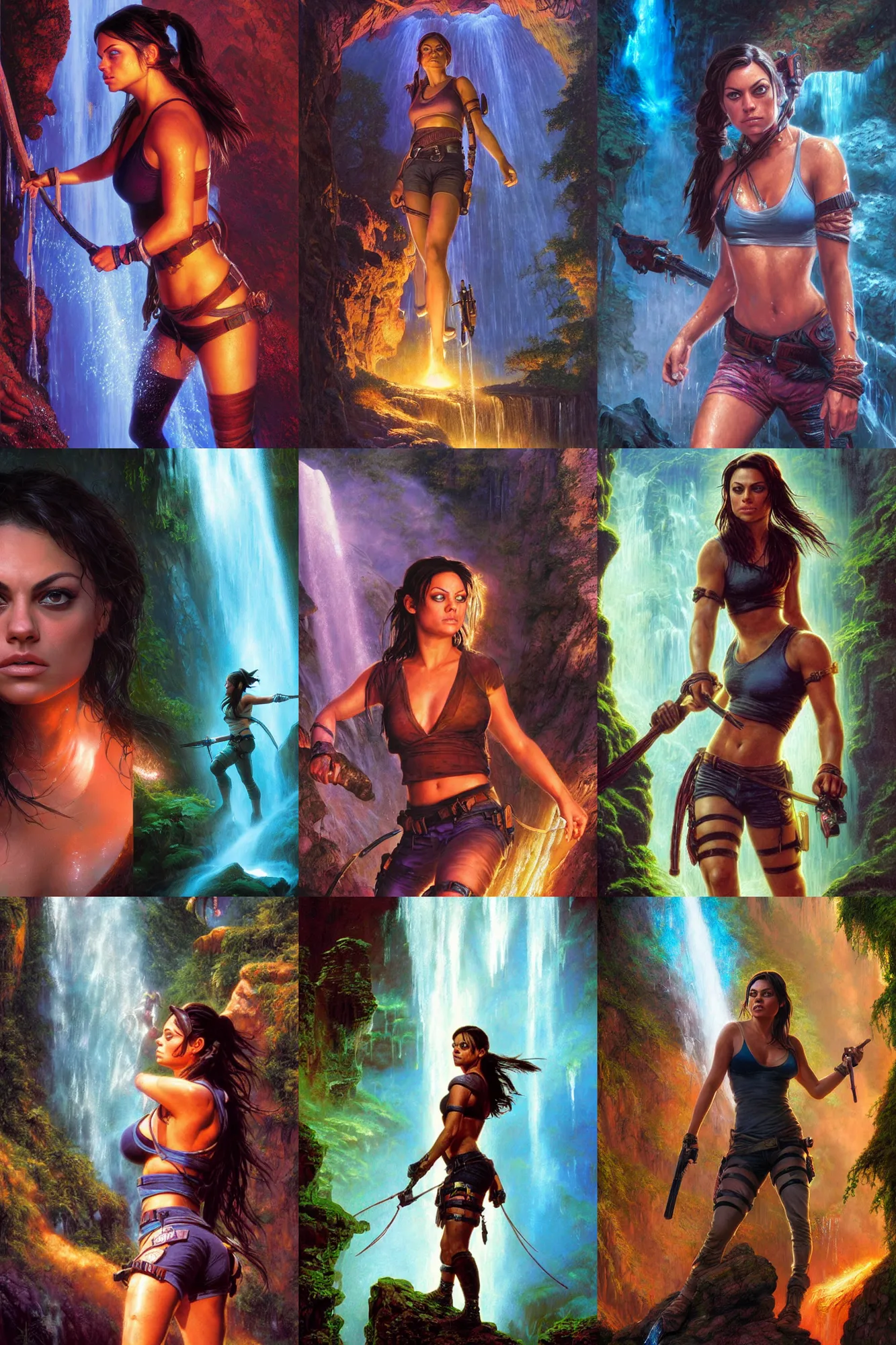 Prompt: close portrait of mila kunis as a muscled tomb raider, bright colors, sparkles, mist from waterfall, cave glowing stones, epic composition, donato giancola, tim hildebrandt, wayne barlow, bruce pennington, larry elmore