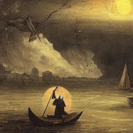 Image similar to charon and a banker in a reaper boat in the river styxx with submerged buildings in the background