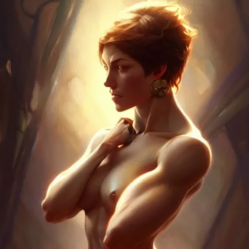 Prompt: muscular female with short hair, supermuscular upper body, D&D, fantasy, intricate, elegant, highly detailed, digital painting, artstation, concept art, smooth, sharp focus, illustration, art by artgerm and greg rutkowski and alphonse mucha