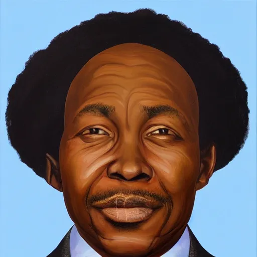 Image similar to a painting of a wide forehead, round face, XXL , smirky, fatherly, loving, caring, generous, ever-present, humble, wise elder from Kenya in a suit by Kehinde Wiley . Fatherly/daddy, focused, loving, leader, relaxed,. ethereal lights, details, smooth, sharp focus, illustration, realistic, cinematic, artstation, award winning, rgb , unreal engine, octane render, cinematic light, macro, depth of field, blur, red light and clouds from the back, highly detailed epic cinematic concept art CG render made in Maya, Blender and Photoshop, octane render, excellent composition, dynamic dramatic cinematic lighting, aesthetic, very inspirational, arthouse.