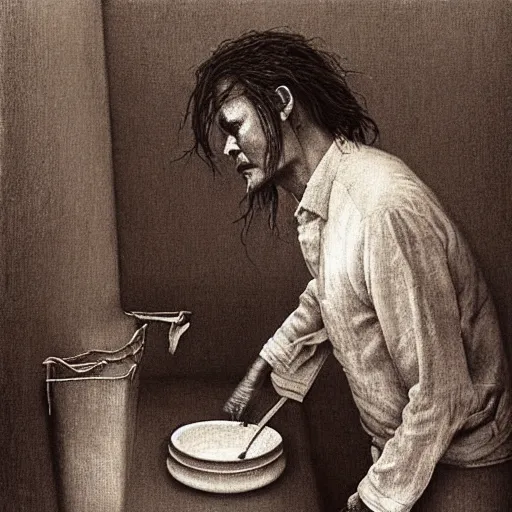 Image similar to Johny Depp washing dishes by Zdzislaw Beksinski