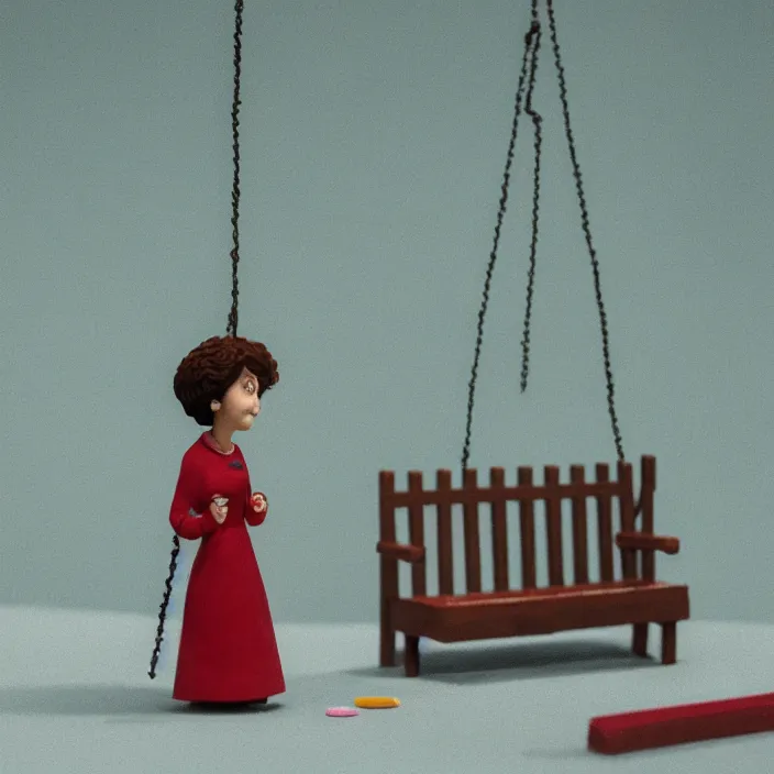 Prompt: a closeup portrait of a sad woman standing next to an empty swing playground, stop motion animation, claymation, anomalisa, by jan van eyck, 8 k, medium - format print