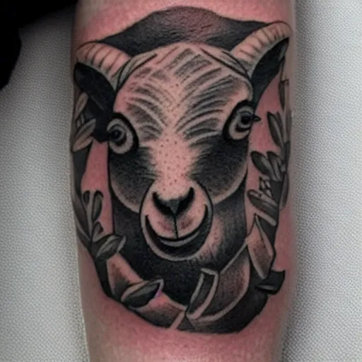 Prompt: A small tattoo of a goat. The goat is holding a large cinnamon churro in its mouth