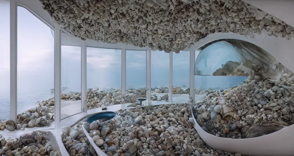 Image similar to nacre seashell house, atmospheric cinematography