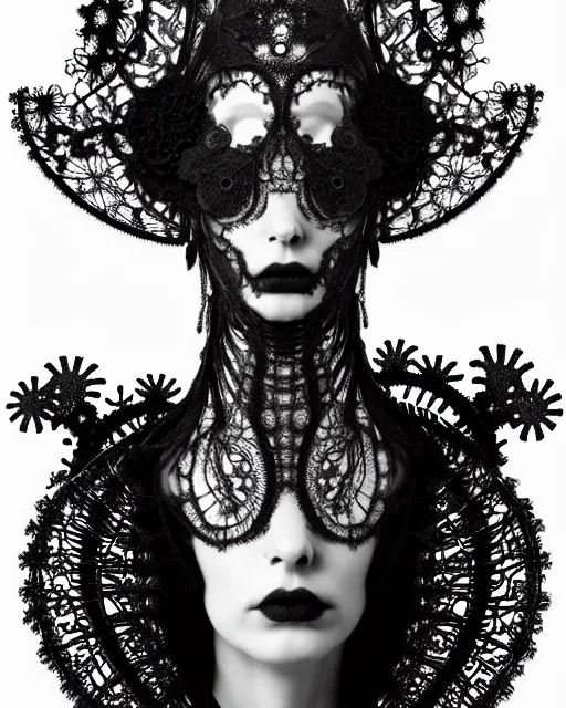 Image similar to surreal dark black and white photo portrait of complex bio-mechanical beautiful young female vegetal-cyborg with a Mandelbrot fractal steampunk metal fine lace face, a very long neck and a fine metal floral foliage super big lace collar by Alexander McQueen:: smoke, high fashion, haute couture, rococo, steampunk, silver filigree details, anatomical, facial muscles, cable wires, microchip, elegant, dreamy, foggy atmosphere, hyper realistic, 150 mm lens, soft rim light, octane render, unreal engine, picture was taken in 1910 by Man Ray, volumetric lighting, dramatic light,8k,