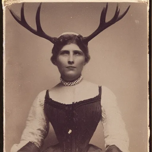 Image similar to portrait of a 1 9 th century woman with antlers, 1 9 0 0 s photography