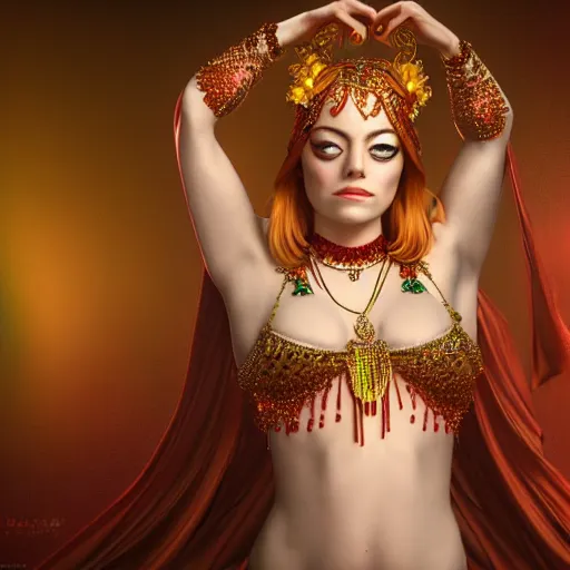 Image similar to a photorealistic portrait of actress emma stone dressed as a belly dancer, arabian night, volumetric lightening, octane render, high quality, fully detailed, 4 k, in focus sharp face with fine details, five human fingers, well structured hands, inspired by belly dancer on youtube, alphonse mucha, masterpiece, stunning