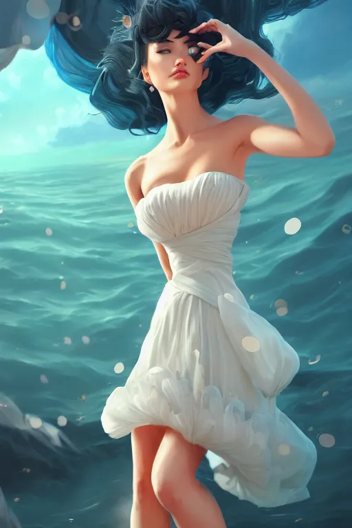 Image similar to a beautiful fashion goddness of love, chic strapless dress, tropical sea background, character design, in the style of artgerm, and wlop, cinematic lighting, hyperdetailed, 8 k realistic, symmetrical, global illumination, radiant light, frostbite 3 engine, cryengine, dof, trending on artstation, digital art