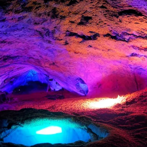 Image similar to a beautiful bioluminescent mushroom cave scene