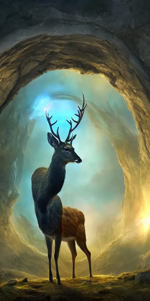 Image similar to a deer standing in front of a giant portal into the universe in the shape of a keyhole to the dimension of prisms, beautiful matte painting by weta workshop 4 k, cinematic dramatic atmosphere, dramatic lighting, trending on artstation