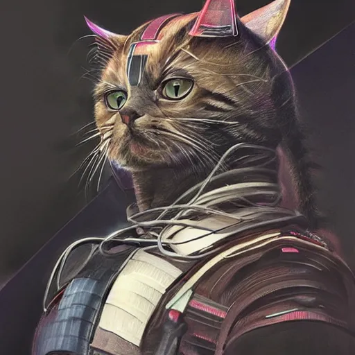 Prompt: Renovatio portrait cat samurai cyberpunk hyperrealistic