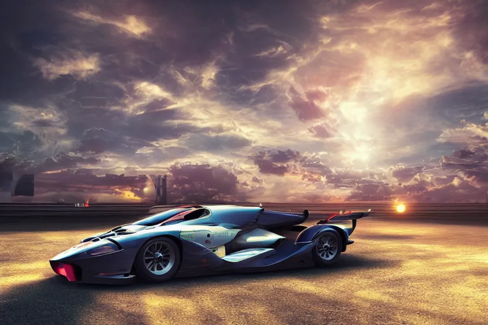 Image similar to Futuristic Hover Car Le Mans Races In Italy Circa Year 10,0000, Hover Vehicles Designed by Syd Mead and Pininfarina, beautiful sunset, photorealistic, hyperrealistic, octane render, HDR, IG Studios Anime Style