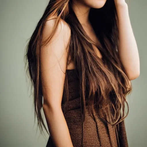 Prompt: Photo of a pretty woman with long brown hair, wearing a torn dress, looking at the camera, highly detailed, sharp focus, beautiful, gorgeous, award winning photography