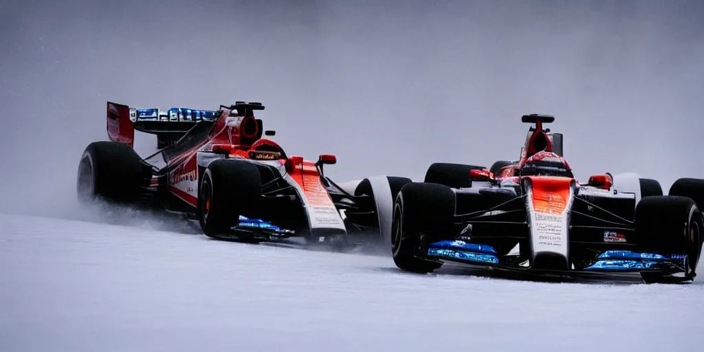 Image similar to F1 car racing on an ice lake, cinematic, epic, car shot