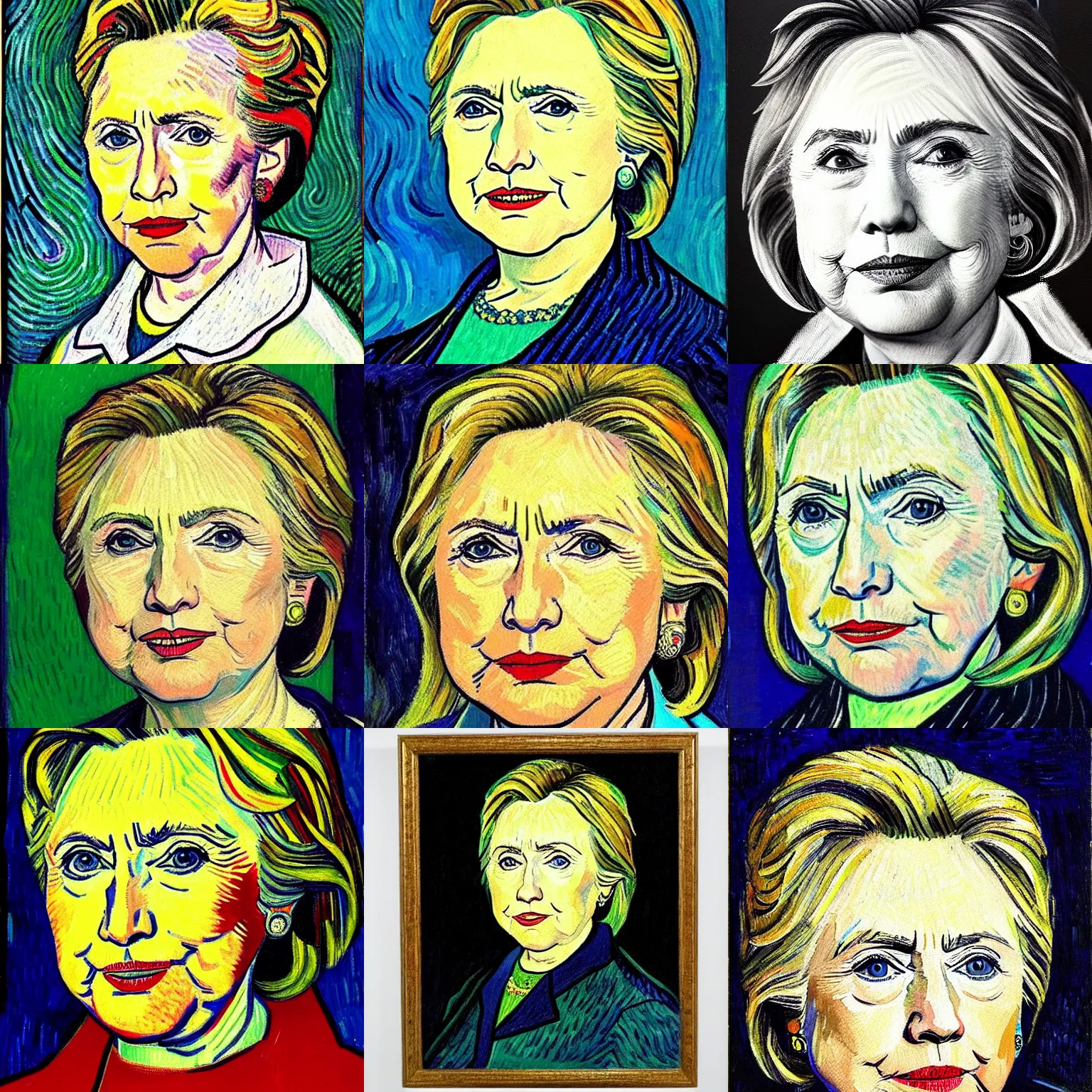 Prompt: detailed portrait of hillary clinton, thick lines, paint strokes, painted by vincent van gogh, oil on canvas, 1 8 8 9.