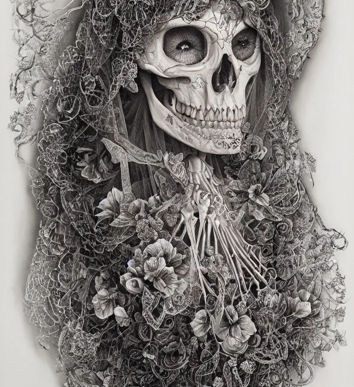 Image similar to portrait of a Bride's skeleton in veil with floral pattern by Laurie Lipton, high detailed, realistic,dark surrealism, hyper detailed, super intricate ornaments