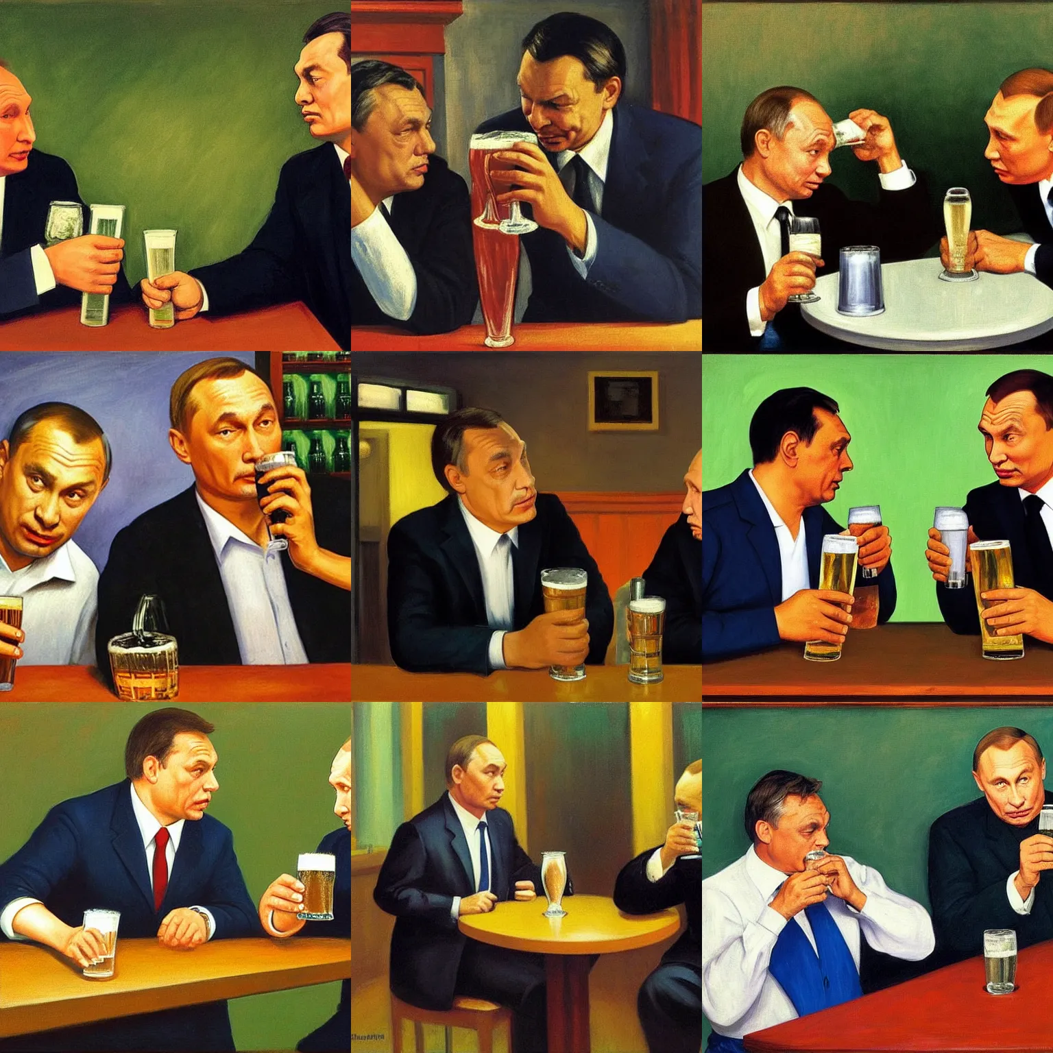 Prompt: viktor orban and putin drinking beers and vodka in a pub, by edward hopper