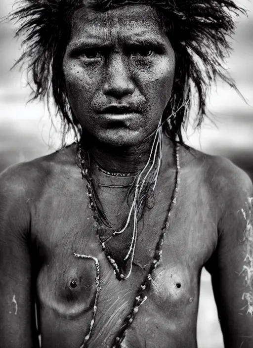 Image similar to Award winning Editorial photo of a Native Nauruans with incredible hair and beautiful hyper-detailed eyes wearing traditional garb by Lee Jeffries, 85mm ND 5, perfect lighting, gelatin silver process