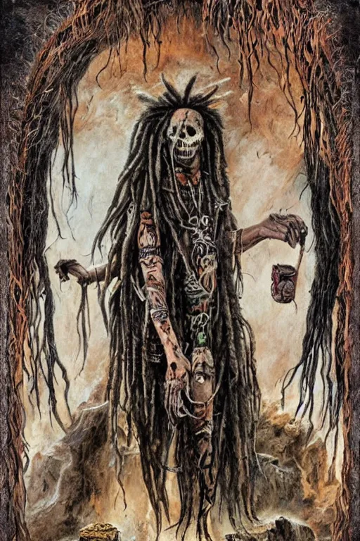 Image similar to a horror shaman with dreadlocks in sacrament of death and destruction