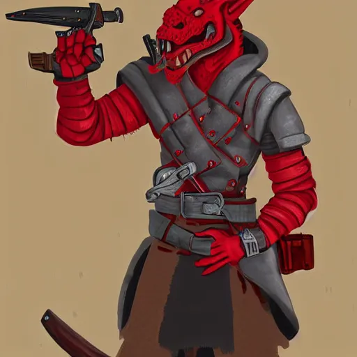 Prompt: A red dragonborn wearing a leather jacket and pointing a flintlock pistol at the viewer. Full-body. D&D. digital art.