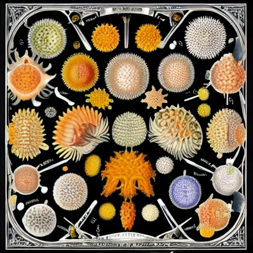 Prompt: ernst haeckel the coronavirus and other viruses in color on black background, symmetrically arranged