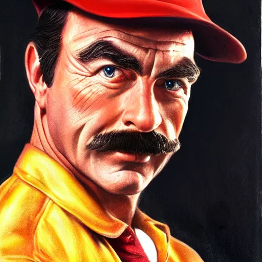 Image similar to ultra realistic portrait painting of tom selleck as super mario, art by frank frazetta, 4 k, ultra realistic, highly detailed, epic lighting