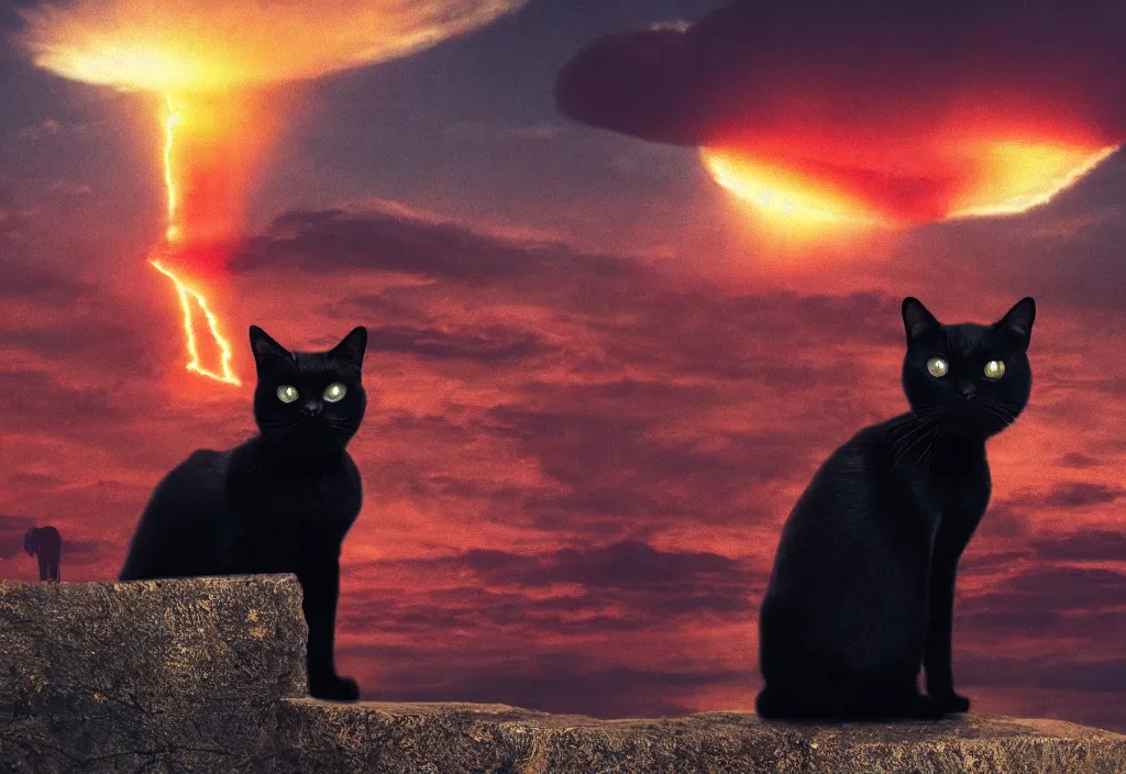 Image similar to old manwith black cat watching nuke explosion cinematic, background blur bokeh, world ending nuke, 4 k